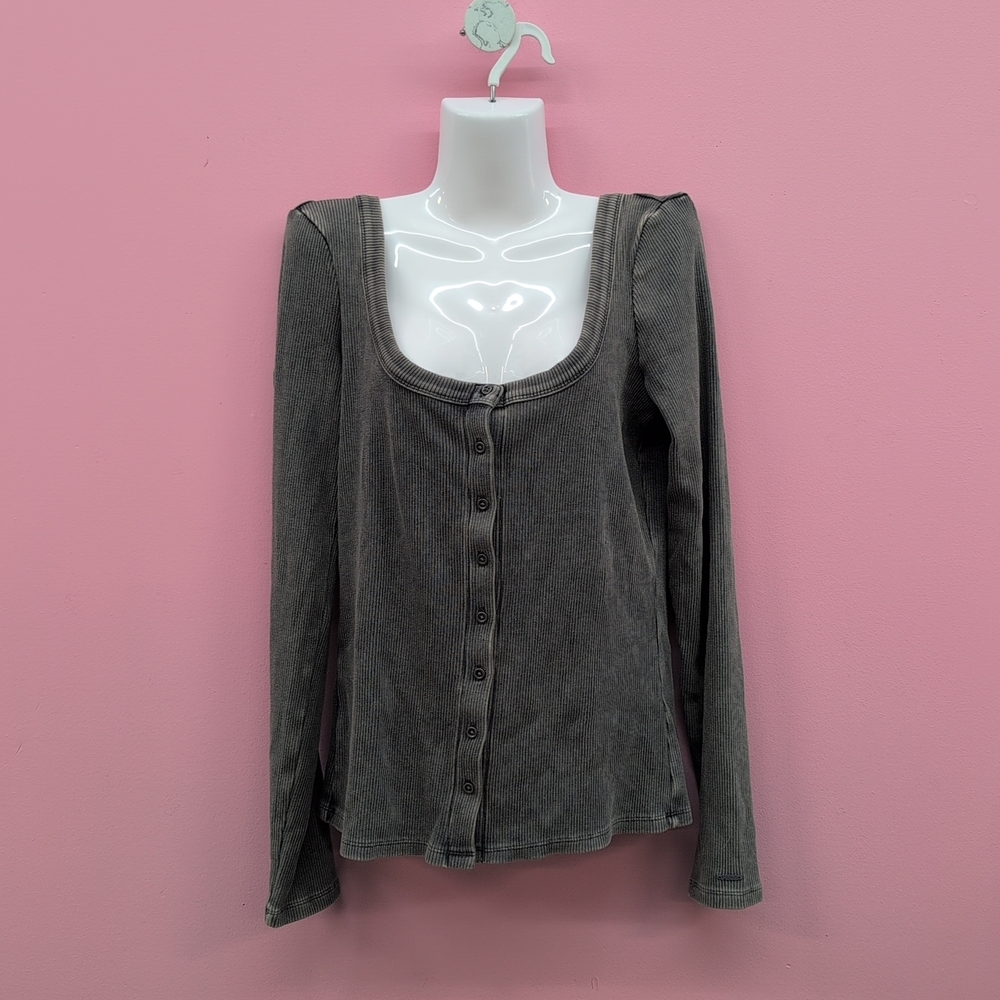 Victoria Secret Pink Vintage Ribbed Button Down Long Sleeve Tee Large Pure Black